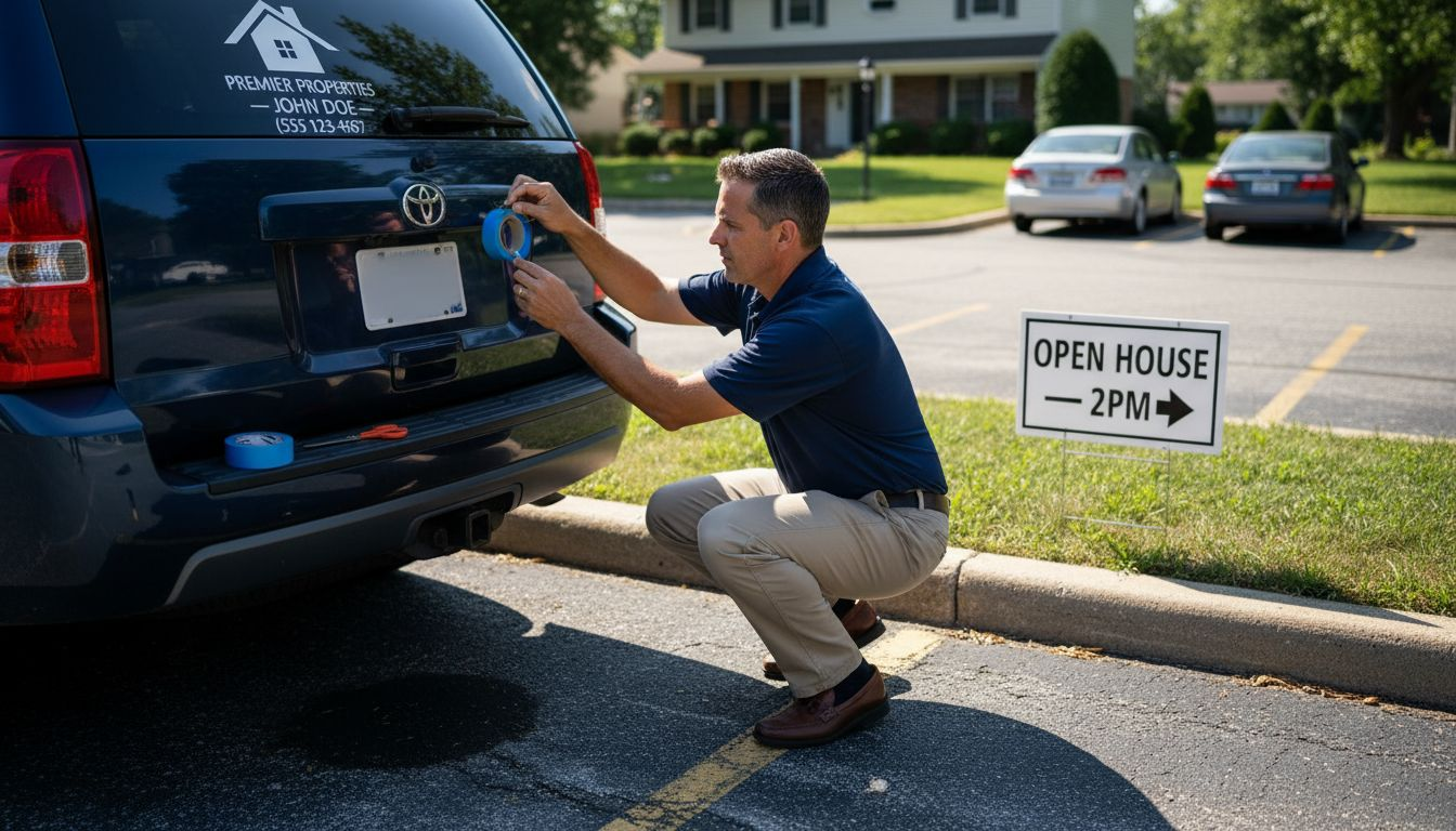 Broker installing branding decal on SUV window