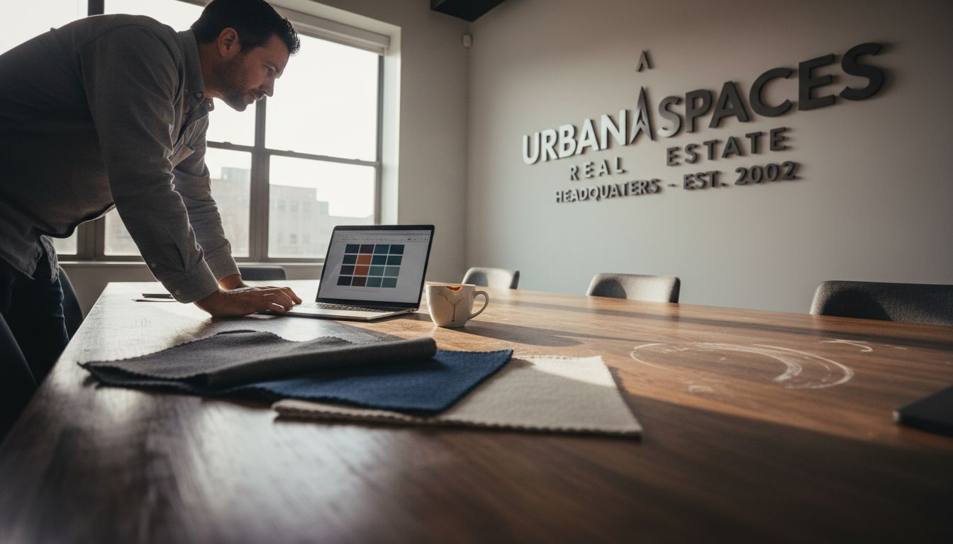 Designer reviewing lobby signage mockup