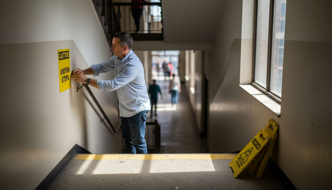 Agent placing safety sign in apartment stairwell