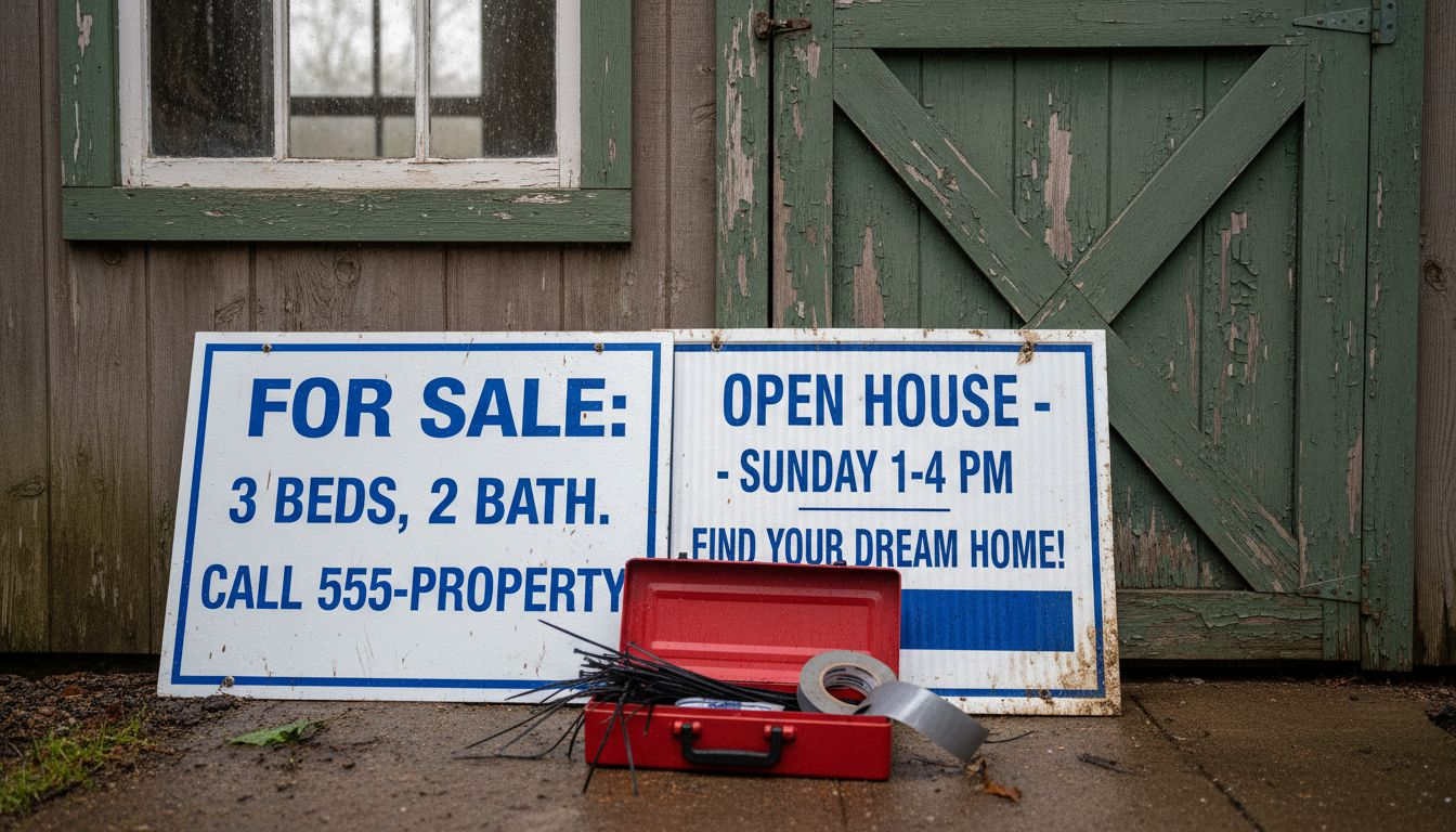 Real estate sign materials in storage shed