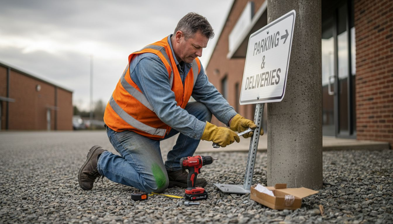 Installer securing sign at commercial entrance