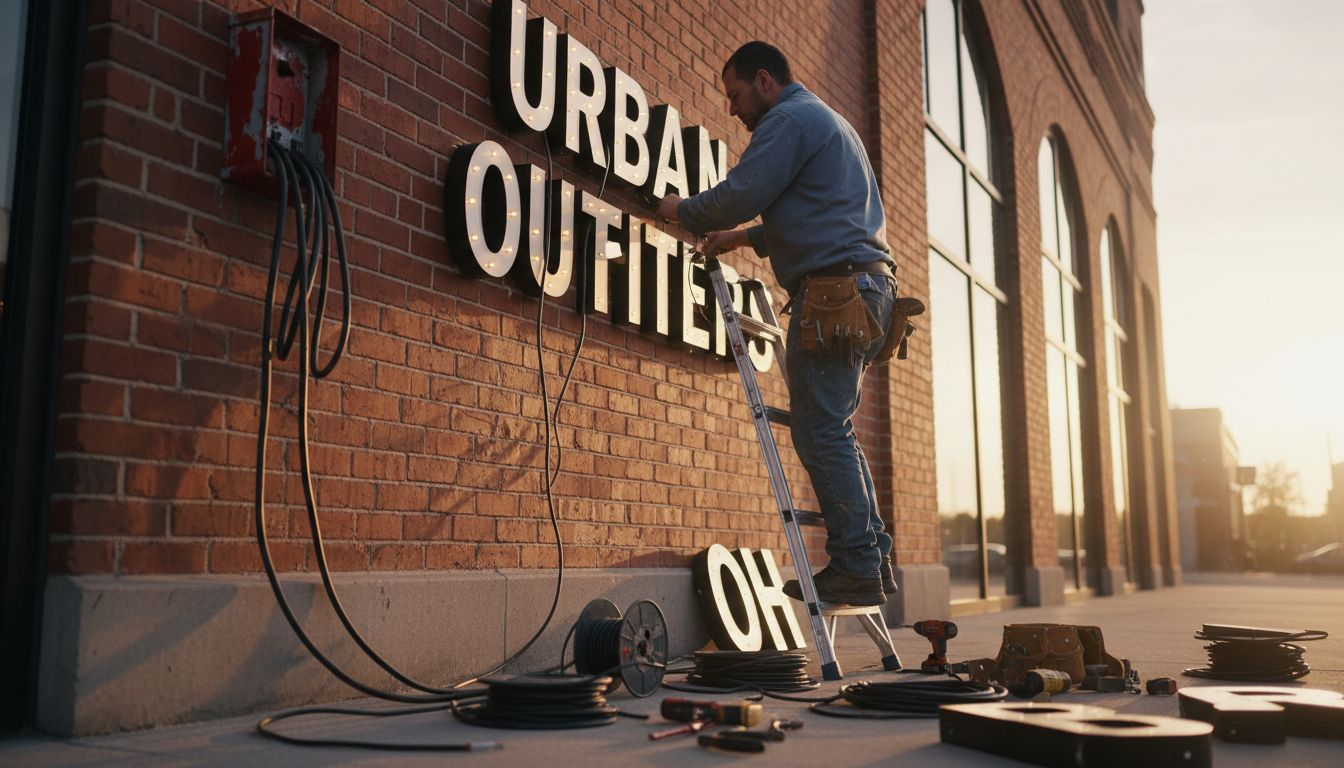 Technician installing channel letter sign