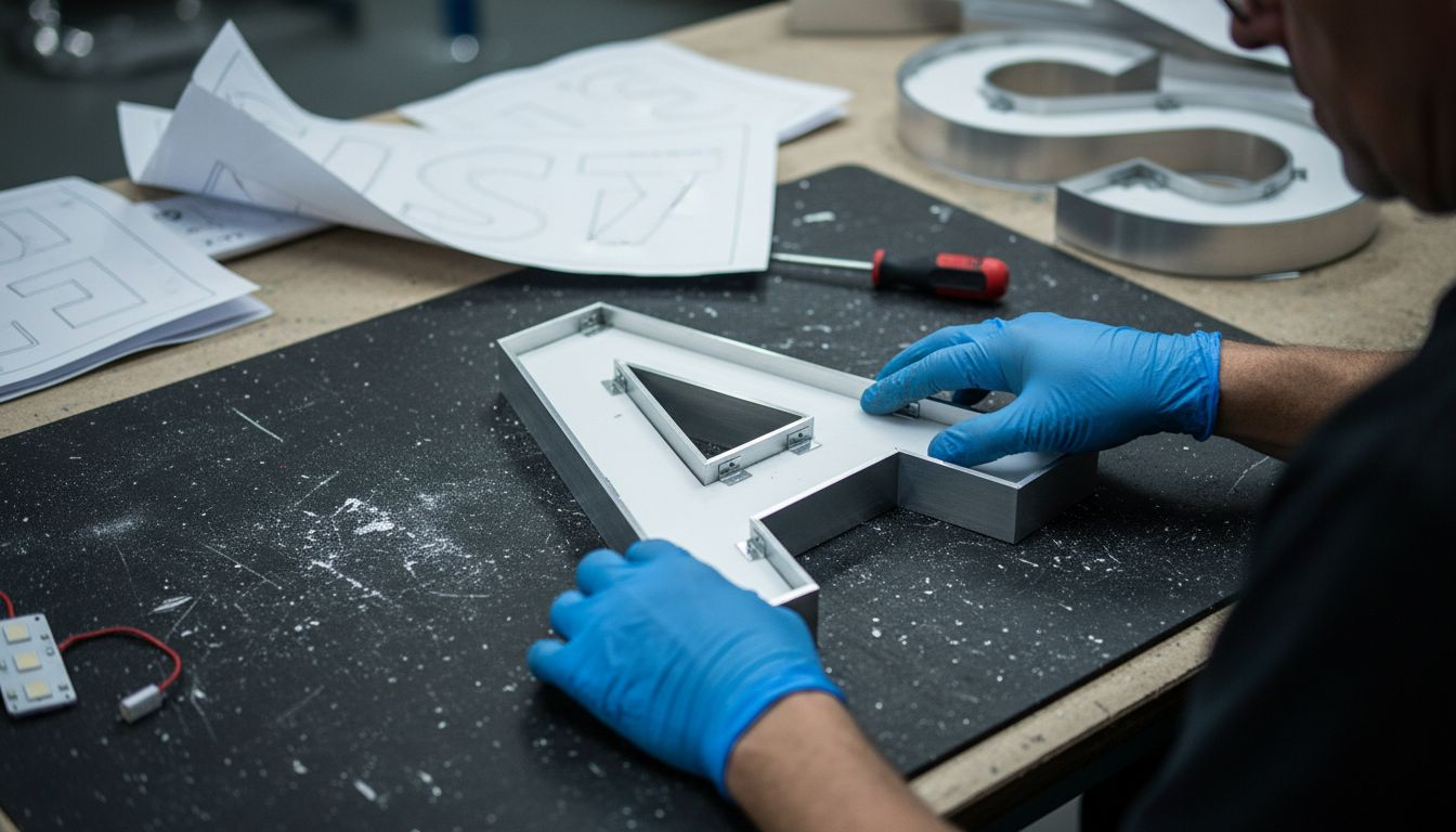 Hands assembling channel letters in workshop