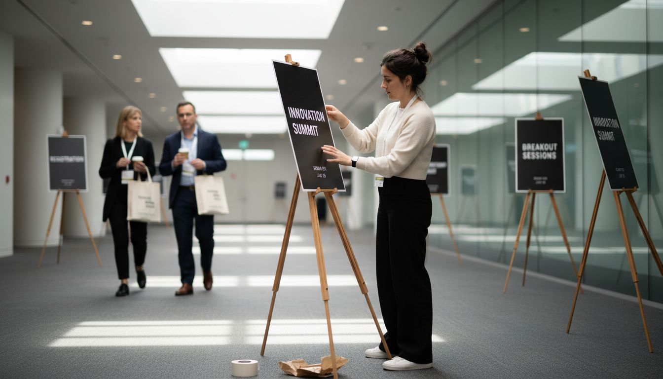 Designer setting up minimalist event signage