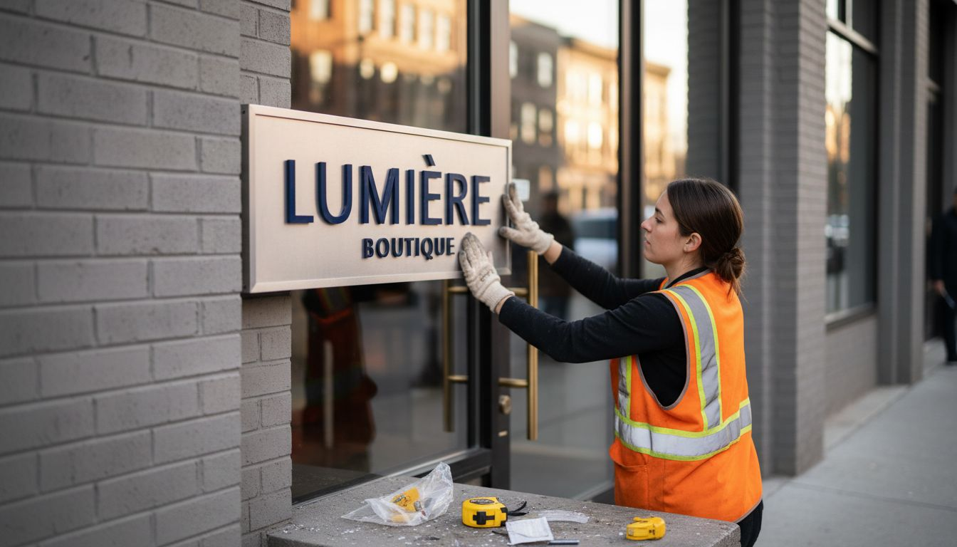 Worker testing stability of installed business sign
