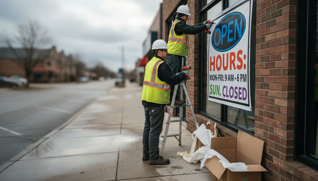 Installers mounting digital print sign outdoors