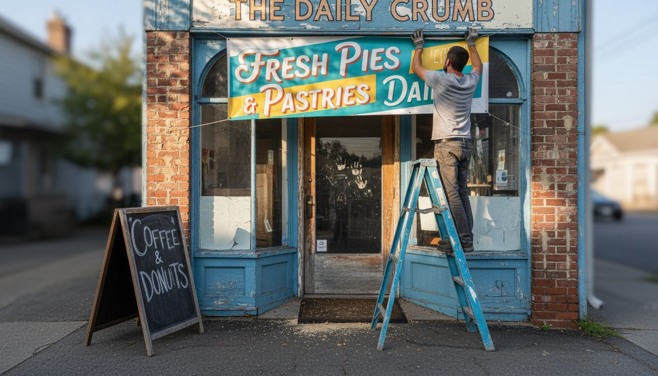 Worker installs vinyl banner sign at bakery