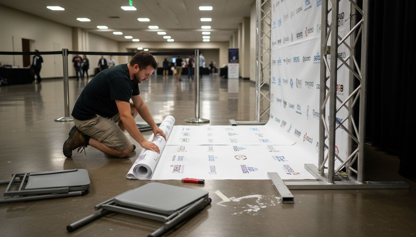 Organizer preparing matte fabric step and repeat banner