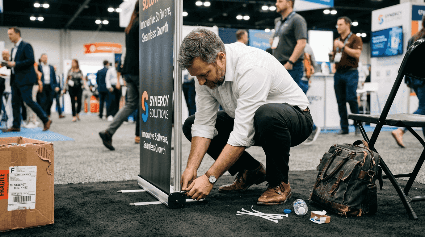 Vendor assembling retractable banner at booth