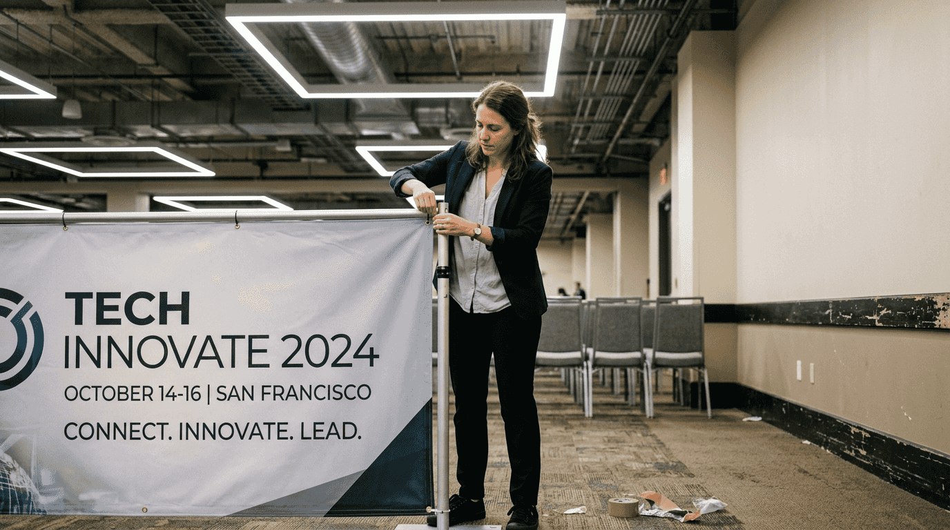 Assistant setting up indoor fabric banner