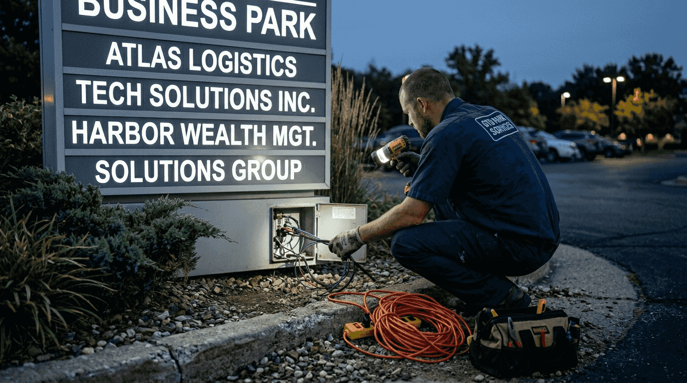 Worker inspecting illuminated monument sign