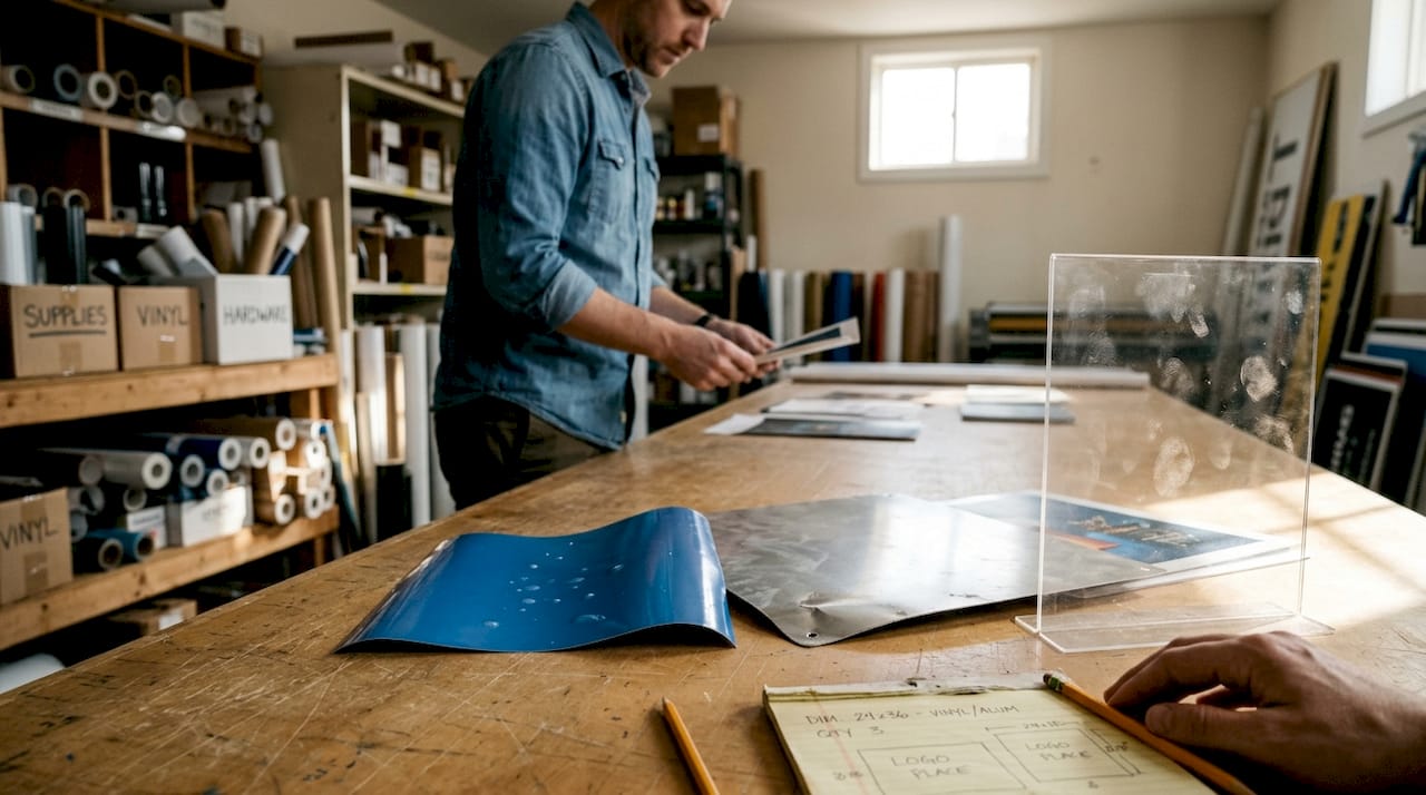 Designer reviewing sign material options