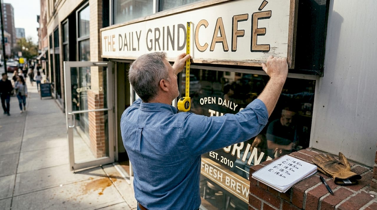 Man measuring café outdoor sign letter height