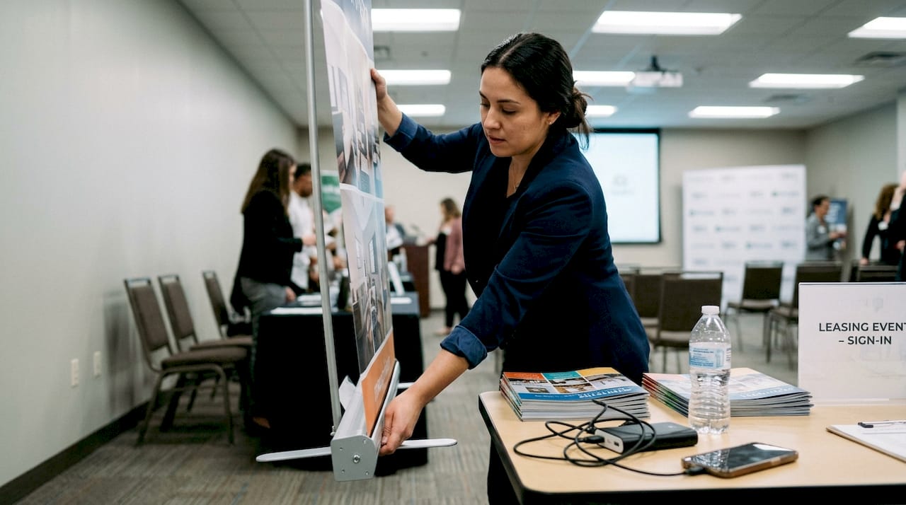 Coordinator assembles retractable banner at event