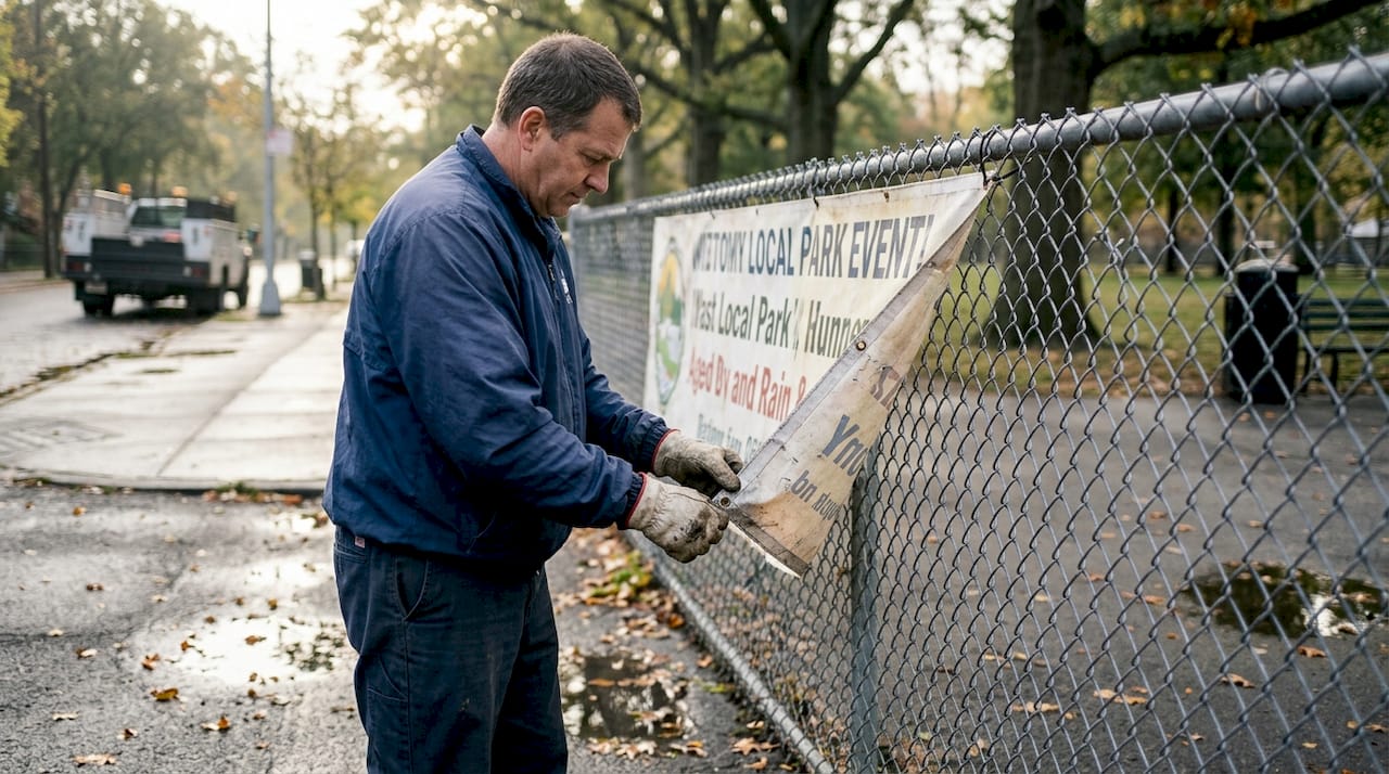 Worker inspecting vinyl banner outdoors
