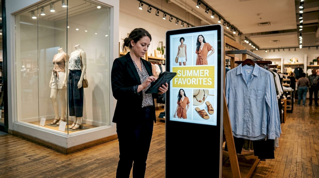 Retail supervisor adjusts LCD display in store