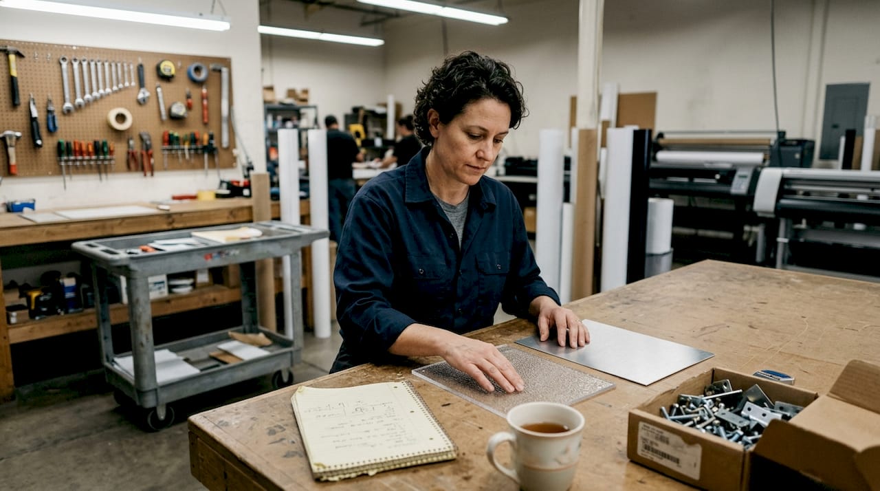 Coordinator comparing sign material samples at table