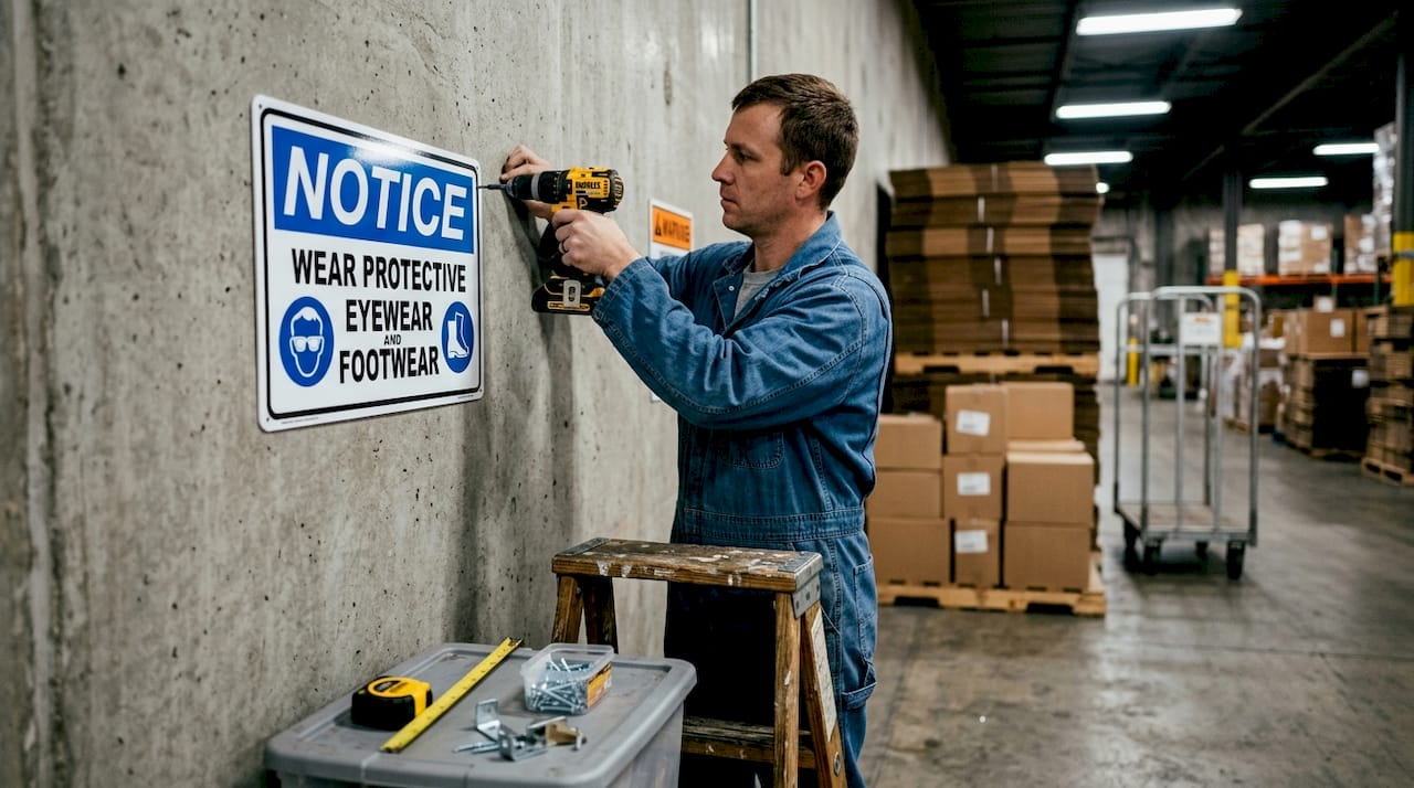 Worker installing safety sign in distribution center