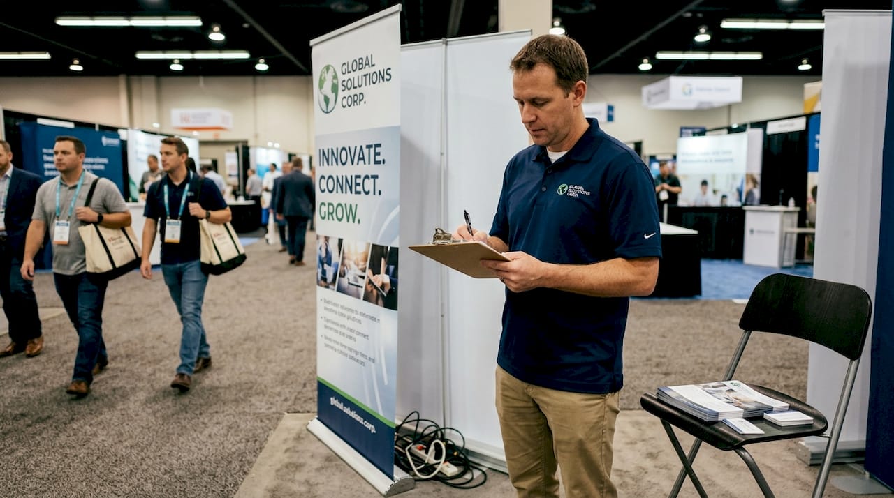 Staffer noting pull up banner size at trade show