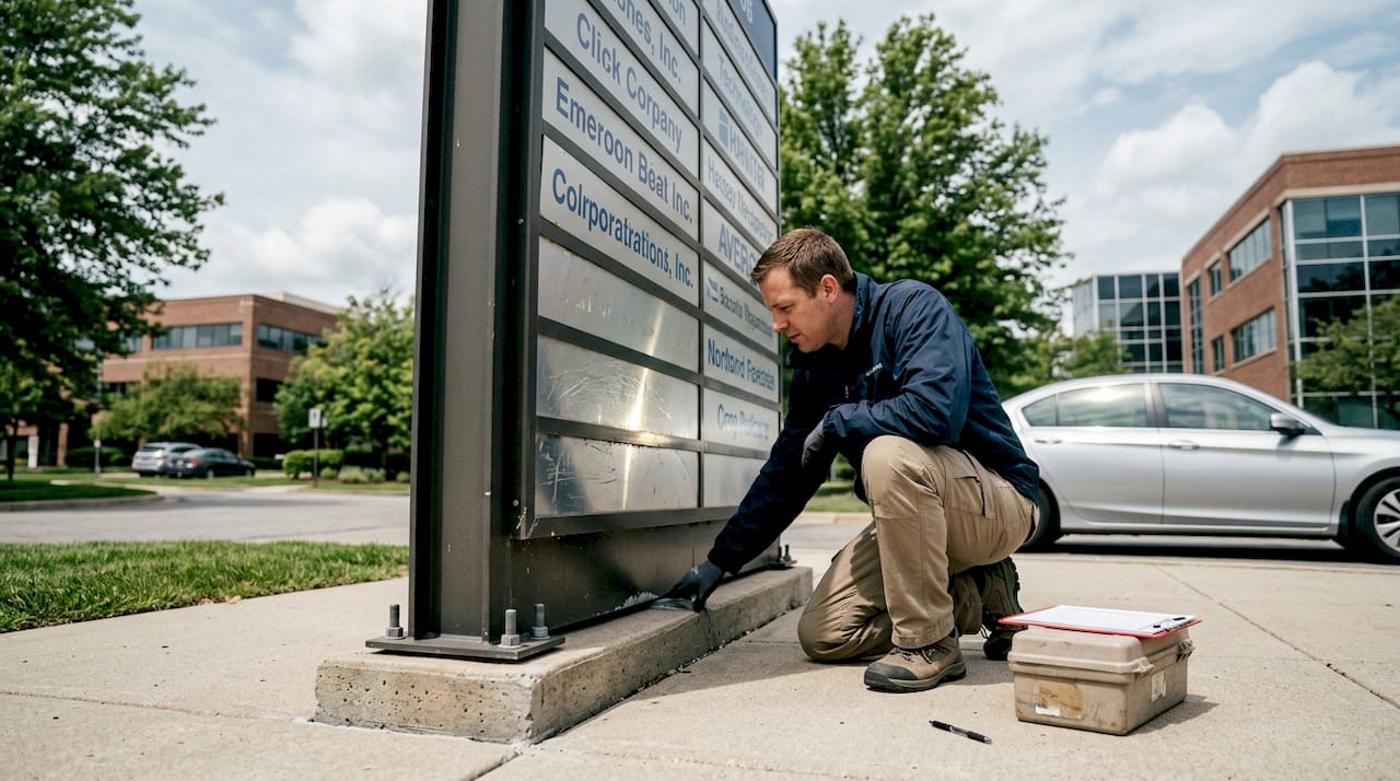 Coordinator inspecting permanent outdoor signage