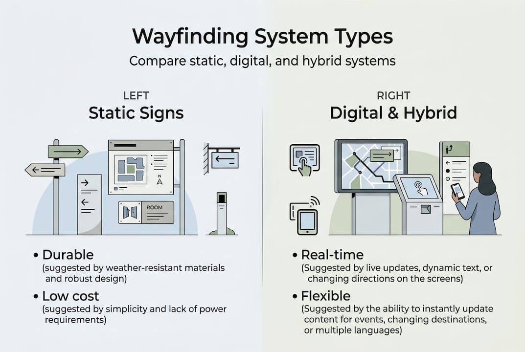 Infographic comparing types of wayfinding systems