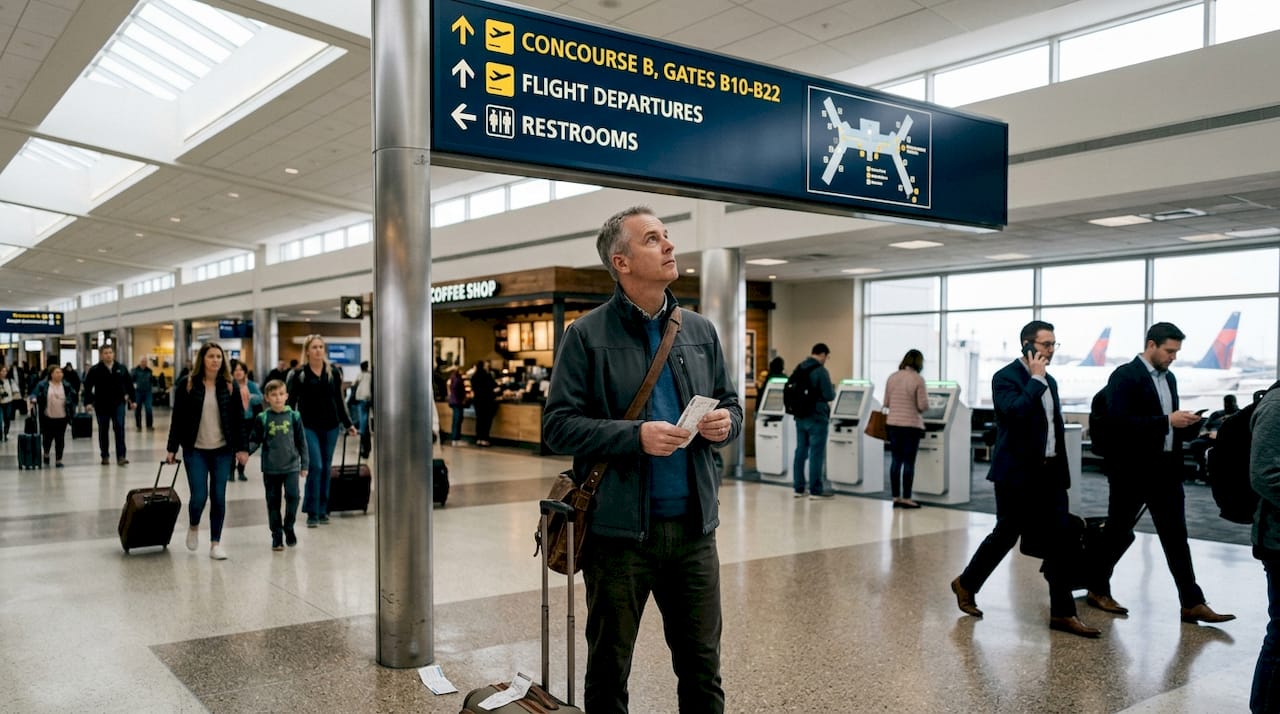 Traveler using airport wayfinding signage