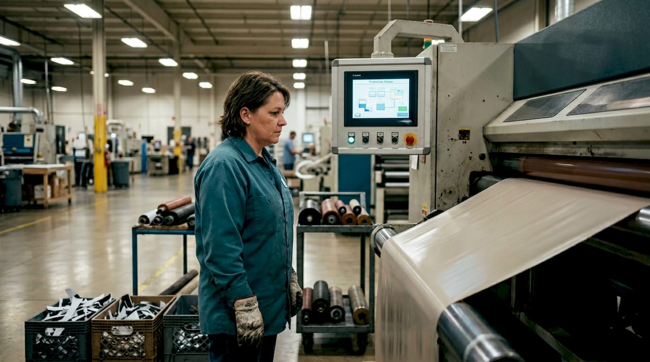 Worker overseeing cast vinyl manufacturing process