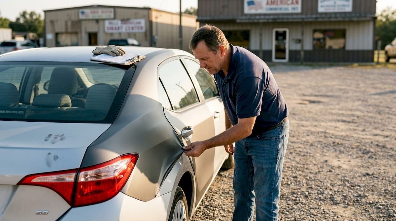 Owner checks vinyl wrap removable branding