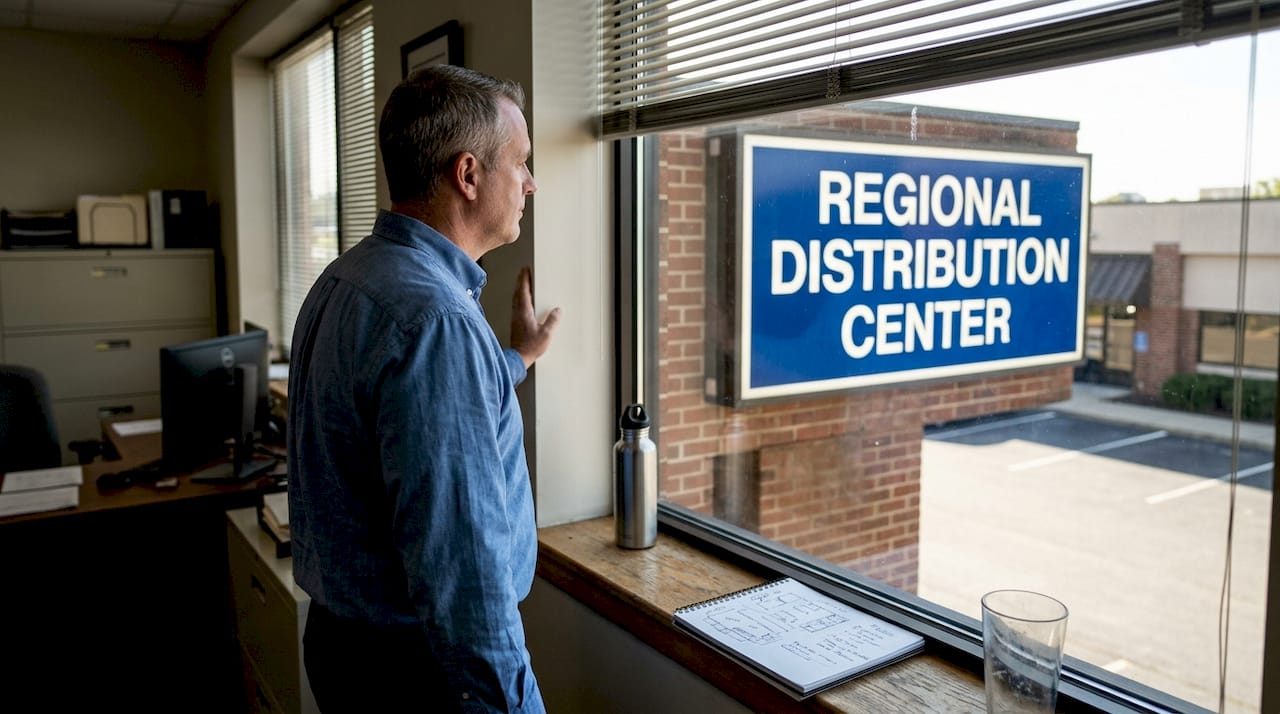 High contrast building sign viewed from office