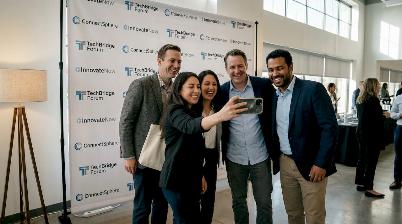 Colleagues posing at branded event backdrop