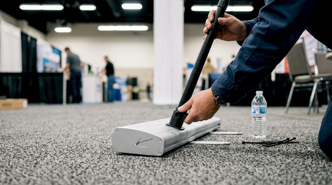 Close-up technician assembling banner base