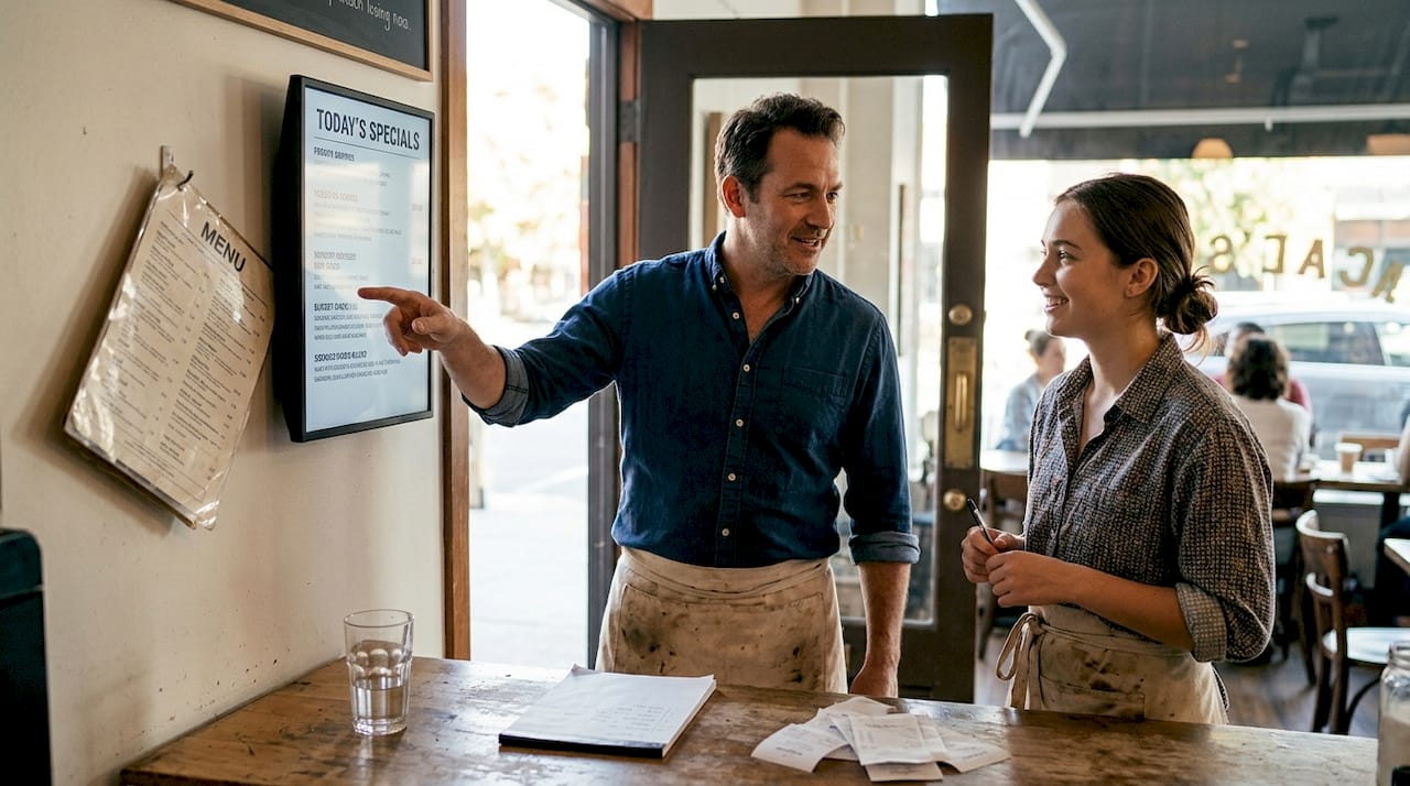 Store owner with digital and printed menus