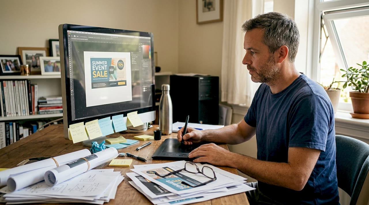 Designer drafting digital promotional banner at desk