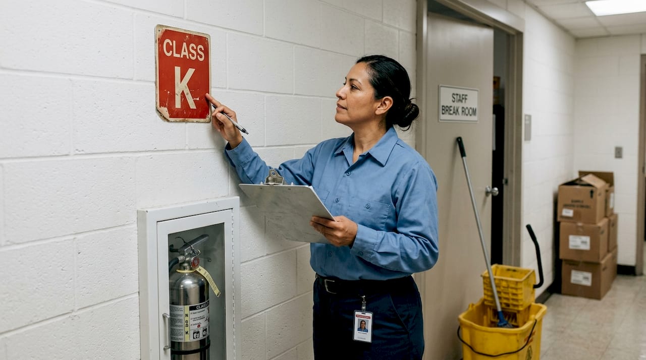 Manager inspecting Class K extinguisher signage in hallway