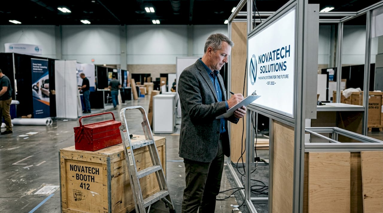 Designer reviewing LED sign at trade show booth