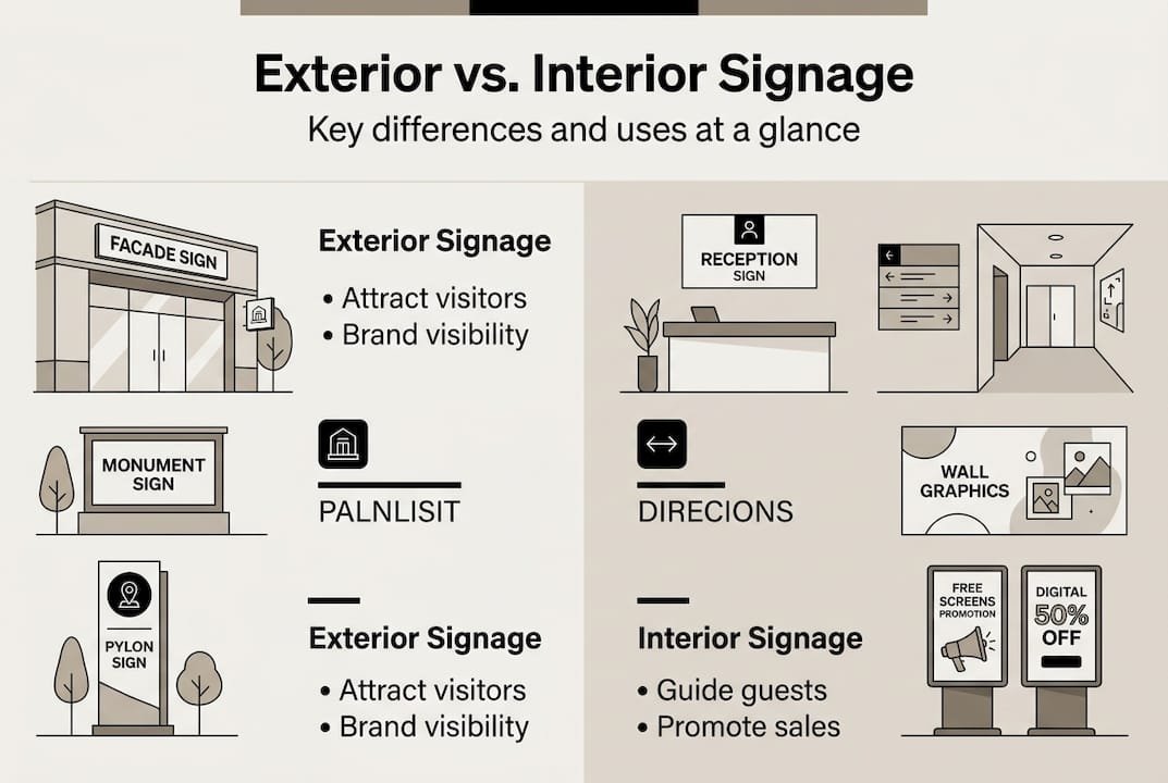 Infographic outlining exterior and interior signage differences