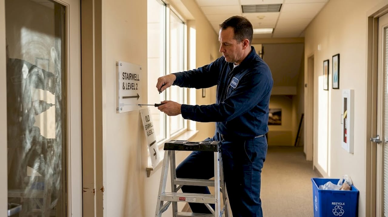 Worker installs interior wayfinding sign by stairwell