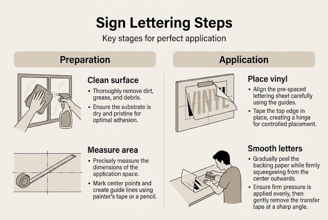 Infographic outlining sign lettering application steps