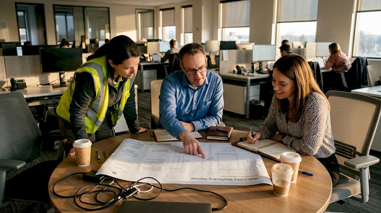 Team collaborating on signage project blueprint