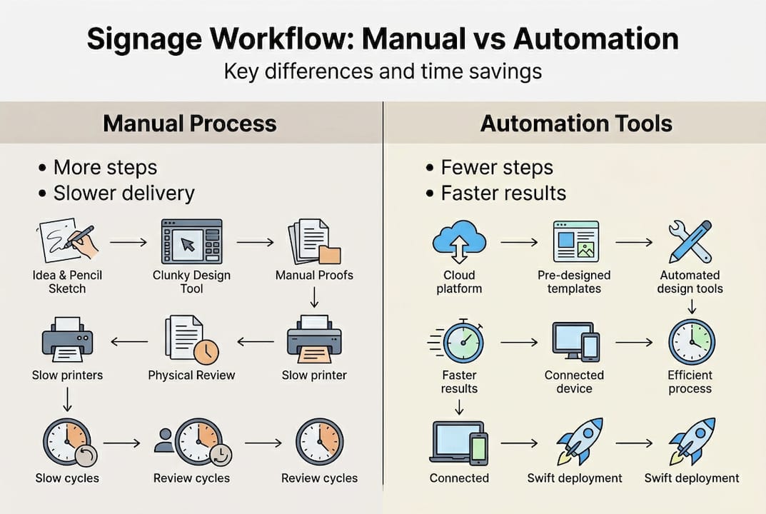 Infographic comparing manual and automated signage workflow
