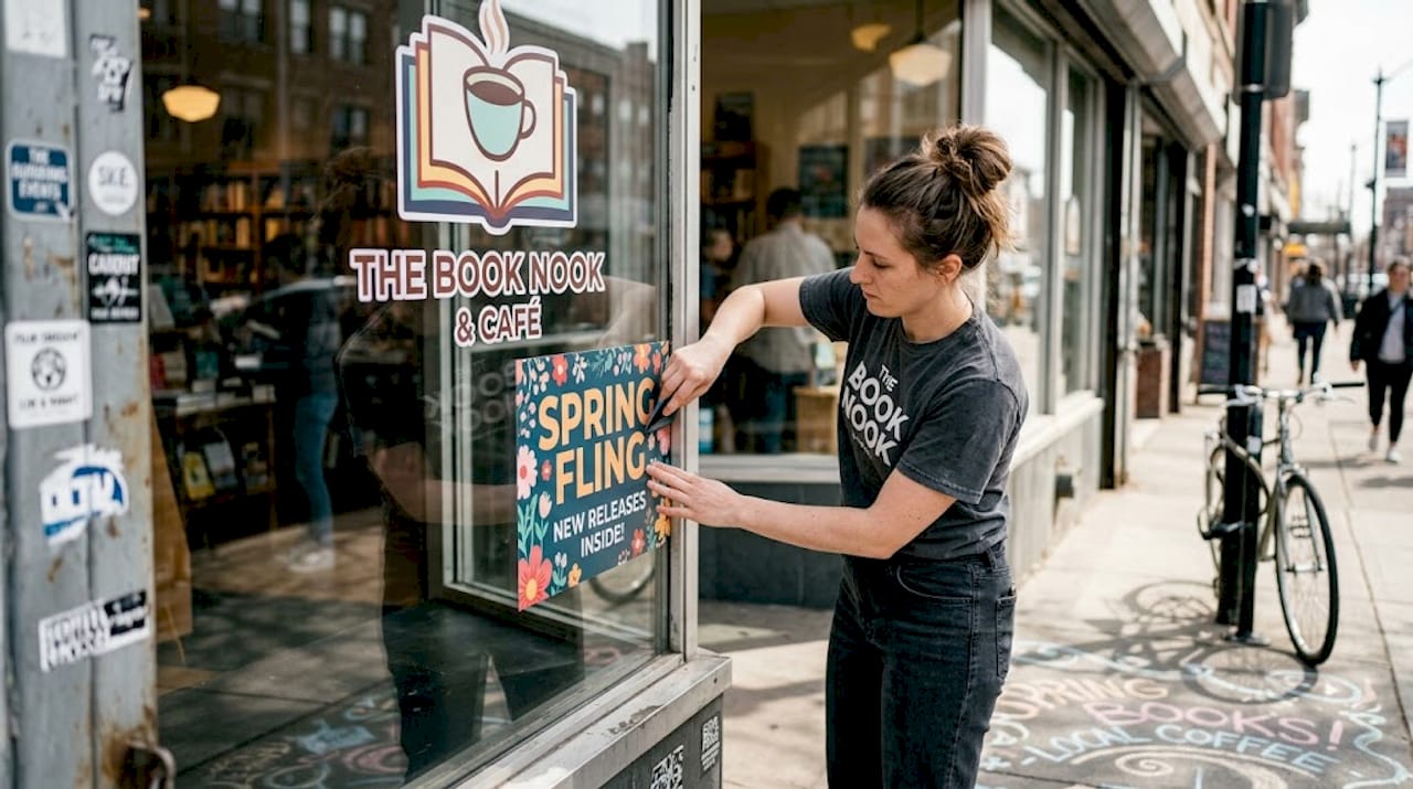 Retail worker placing window decal in storefront