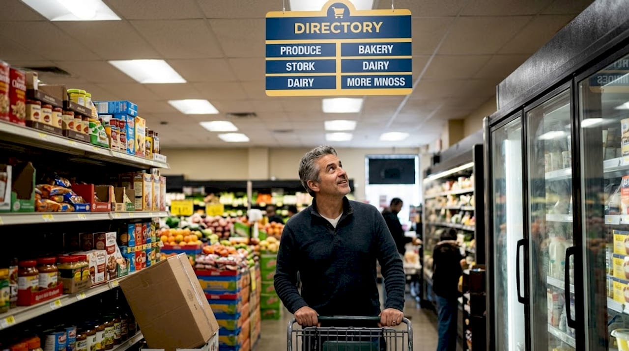 Customer using aisle signage for navigation