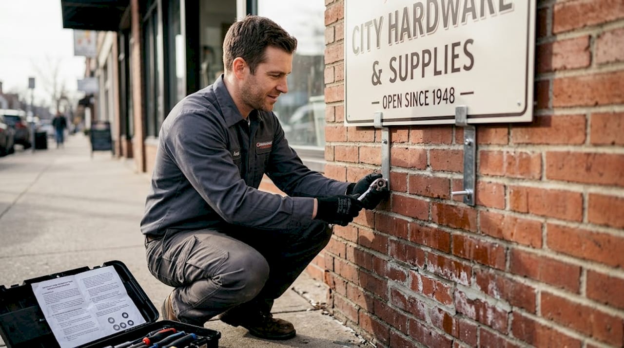 Installer securing outdoor sign with hardware