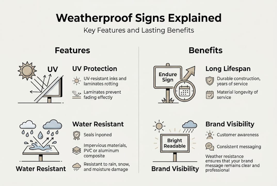 Infographic showing weatherproof sign features and benefits