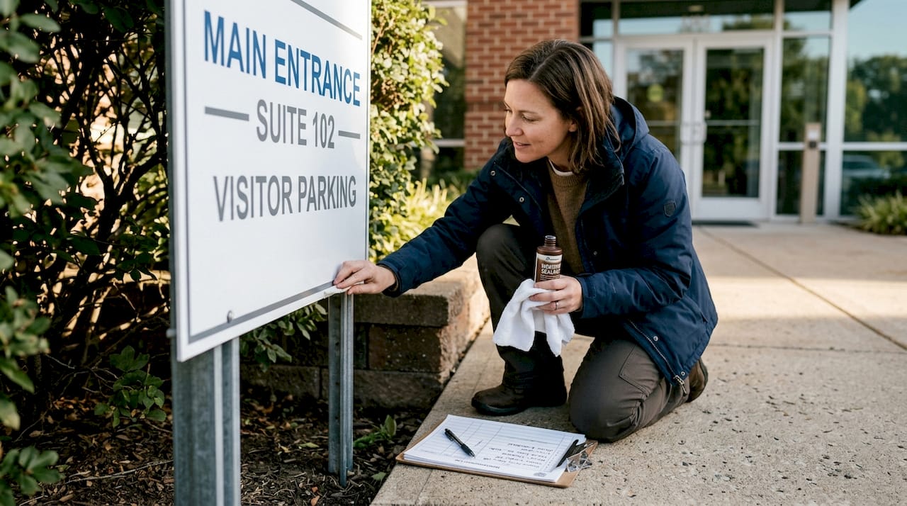 Woman inspecting weatherproofed plastic sign for damage