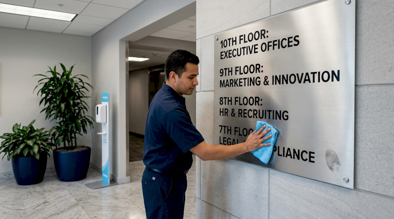 Worker cleaning wall-mounted office directory sign