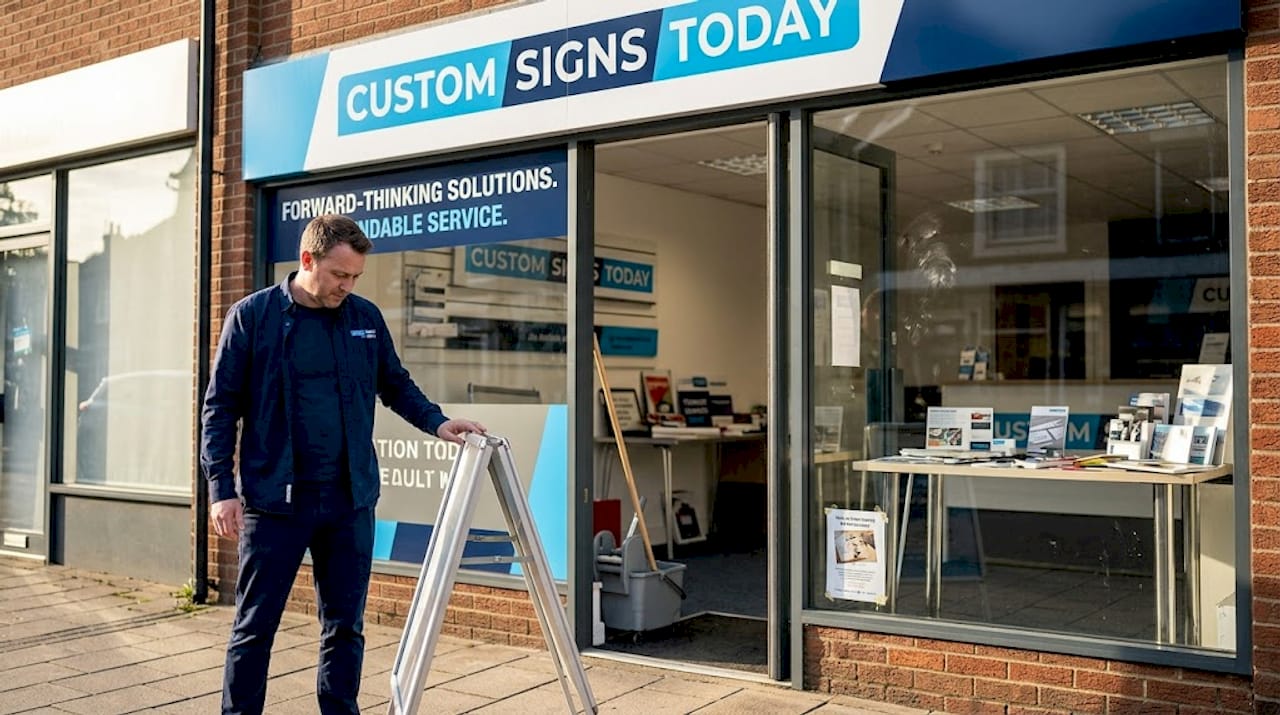 Manager arranges merchandise under branded sign