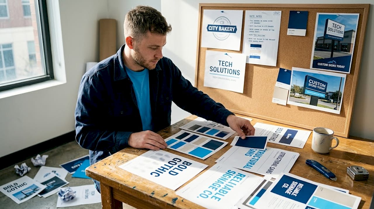 Designer reviewing brand signage colors and fonts