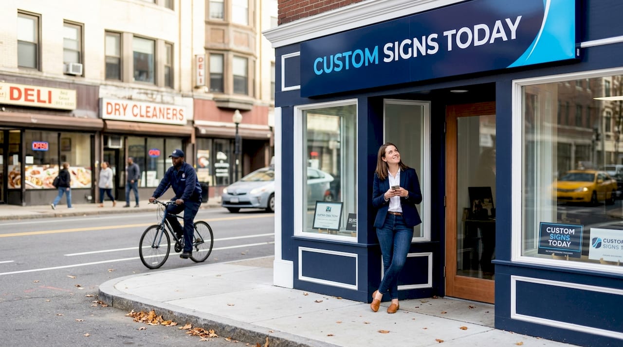 Owner admires new shop sign on city street