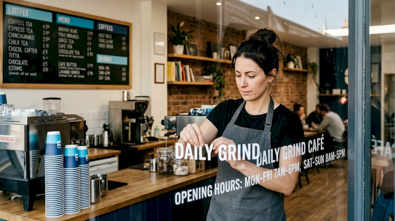 Cafe manager straightens vinyl window lettering